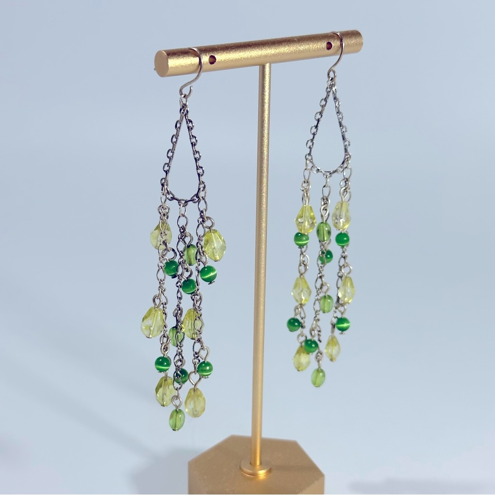 Green Beaded Silver Tone Chandelier Dangle Earrings Multi Chain Boho Fairy Gypsy
